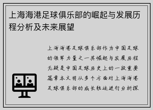 上海海港足球俱乐部的崛起与发展历程分析及未来展望