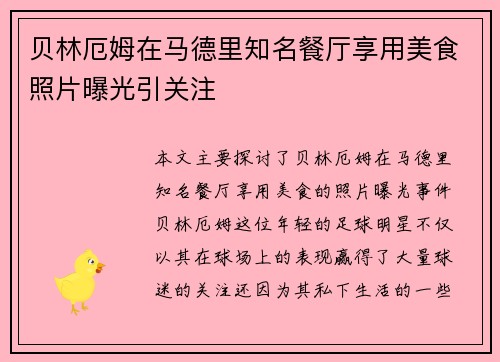 贝林厄姆在马德里知名餐厅享用美食照片曝光引关注